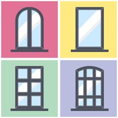 Windows set with dark frames on colorful backgrounds. Collection of various windows vector illustration.