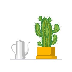 Cactus in flower pot with a watering can on white background vector illustration.