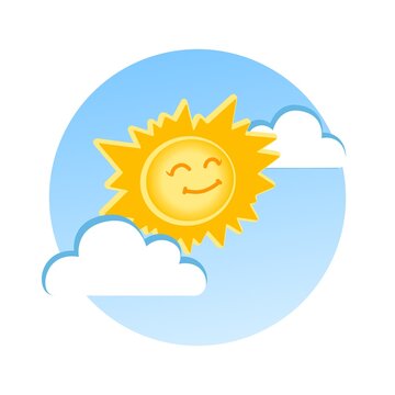 Cute funny sun with clouds on sky vector illustration.