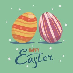 Painted eggs with handwrited Happy Easter text on light green background. International spring celebration poscard. Flat style vector illustration postcard.