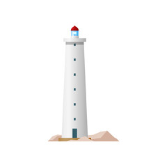 Lighthouse sea beacon tower with light, nautical searchlight, vector isolated. Ocean ship navigation coast signal lighthouse or marine and ship sailing direction beam light on cliff