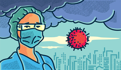 Woman hero medic in a medical mask and protective glasses against the background of a formidable sky over the city and a particle of the covid-19 virus. Coronavirus pandemic topic illustration.