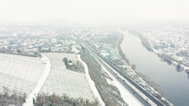 Aerial View Of Vineyards Mainfranken region, W&uuml;rzburg, Germany. Vineyards on hills covered with 