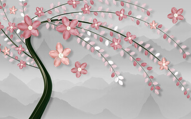 3d illustration wallpaper for wall . Abstract mural tree flowers with black stem with mountains in background .
