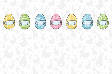 Colourful Easter eggs with face masks. Background with copyspace. Holidays during pandemic. Vector