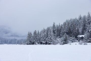 Beautiful View of Residential Homes in front of a frozen lake with Canadian Mountain Landscape in Background. Snowy Winter Day. Taken in Whistler, British Columbia, Canada.