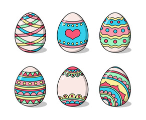 Vector Easter eggs set. Isolated colored eggs in cartoon style with shadows and highlights on white background