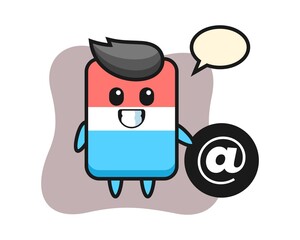 Cartoon illustration of eraser standing beside the At symbol