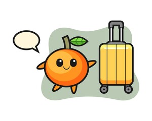 Mandarin orange cartoon illustration with luggage on vacation