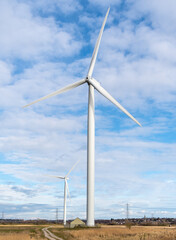Renewable energy wind turbine in a field