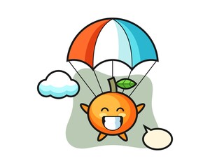 Mandarin orange mascot cartoon is skydiving with happy gesture