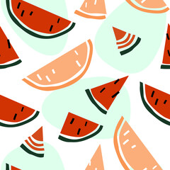 Abstract seamless pattern of watermelon pieces on a light background. Bright summer design for print, textiles, wallpaper, kitchen. Vector graphics.
