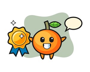 Mandarin orange mascot illustration holding a golden badge