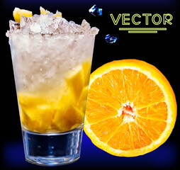Cocktail glass with orange fruit slices and ice. Realistic vector alcohol citrus juice.
