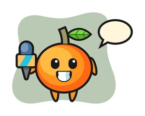 Character mascot of mandarin orange as a news reporter