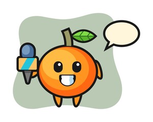 Character mascot of mandarin orange as a news reporter