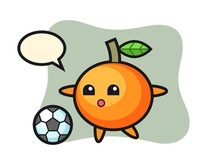 Illustration of mandarin orange cartoon is playing soccer