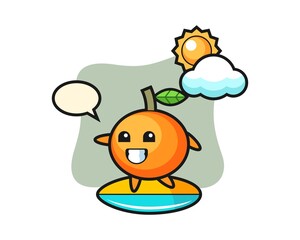 Illustration of mandarin orange cartoon do surfing on the beach