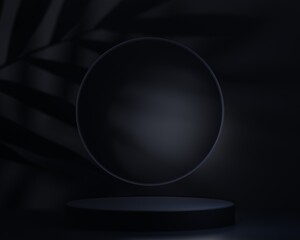 Minimal stage mock up. Dark blue cylinder base. Pedestal for display. Empty product stand backdrop. Leaf shadow on background stand. 3d render illustration