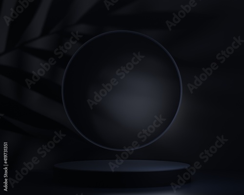 Download Minimal Stage Mock Up Dark Blue Cylinder Base Pedestal For Display Empty Product Stand Backdrop Leaf Shadow On Background Stand 3d Render Illustration Wall Mural Andre