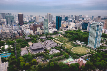 Obraz premium Panoramic view of Tokyo skyline, the bay and Zojoji Temple from Tokyo Tower Observation Deck, Japan