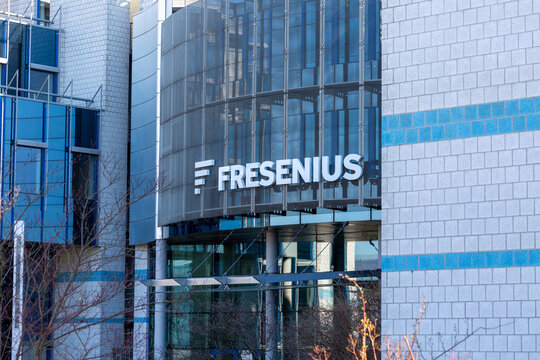 Facade of Fresenius building in Bad Homburg, Germany March 7th, 2021. Products and services for dialysis