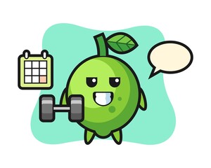 Lime mascot cartoon doing fitness with dumbbell