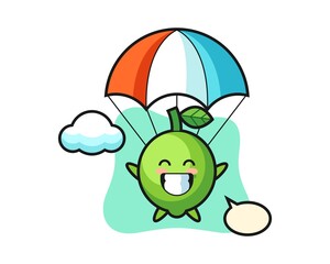 Lime mascot cartoon is skydiving with happy gesture