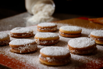 Alfajores pastry sweet, cookies with sugar and coconut