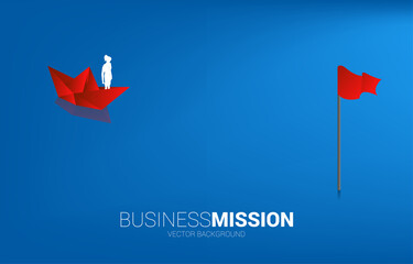 Silhouette of businesswoman on paper ship move to goal. Business Concept of finding opportunity and goal vision mission.