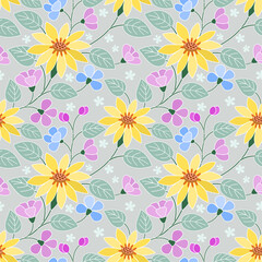 Abstract floral seamless pattern design. Flowers and leaves on grey background.