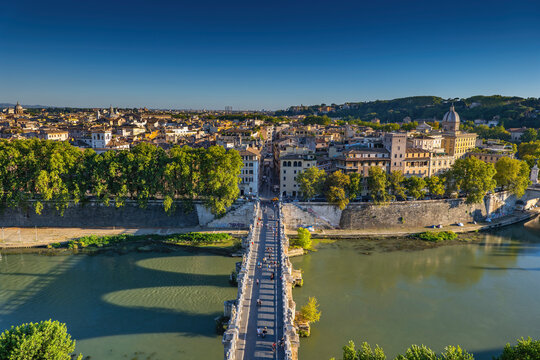 Italy, Rome, cityscape with view above Ponte Saint Angelo Bridge on Tiber River