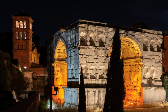 Italy, Rome, Arch of Janus and tower of Basilica of San Giorgio in Velabro