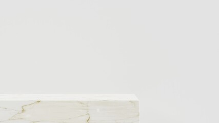 Minimalist white pedestal for product showcase. Geometric shapes.Marble texture. Empty stage. 3d render illustration