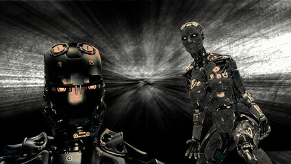 Fototapeta premium Metallic cyborg and robot on black background