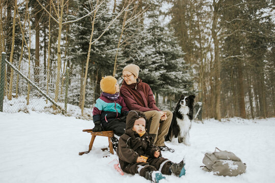 Smiling woman with girl child sitting on sled while spending weekend Border Collie during winter