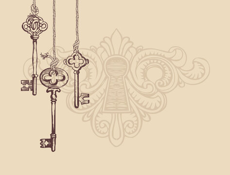 Vintage banner or background with an old keys and keyhole on a light backdrop. Vector illustration in retro style with a hand-drawn old keys hanging on a string and place for text