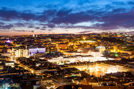 Portugal, Lisbon, View of city at dusk