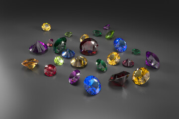 A scattering of rubies, diamonds, emeralds, sapphires on a black surface. Exhibition of precious stones. 3d rendering.