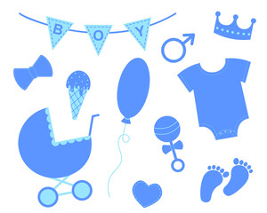 Baby boy shower set. Elements for greeting cards and invitations. Blue bunting with text Boy, crown, bodysuit, bib, footprint, pram, rattle, bow, balloon, ice cream, heart. Vector flat illustration.