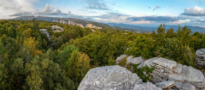 Greece, Epirus, Zagori, Pindos Mountains, Vikos National Park, Scenic view of mountains, forest and rocks