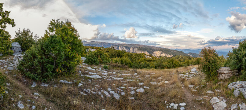 Greece, Epirus, Zagori, Pindos Mountains, Vikos National Park, Scenic view of mountain range with rock formation