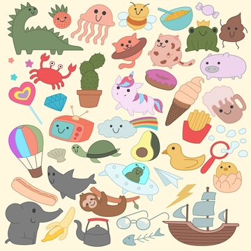 Set of various doodles, kawaii style, cartoon, childish, fun, elements