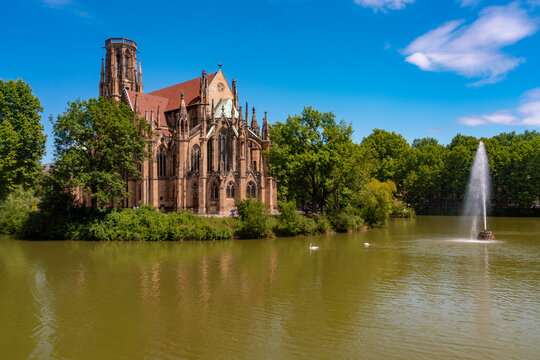 Germany, Baden-Wurttemberg, Stuttgart, Saint Johns Church on shore of Feuersee lake