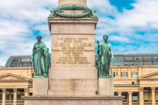 Germany, Baden-Wurttemberg, Stuttgart, Text and statues of Jubilaumssaule column