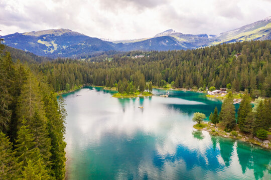 Switzerland, Graubunden, Cauma Lake, Aerial view of lake