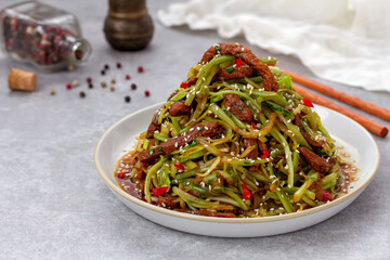 Warm salad with stir fried meat, celery, onion, chili pepper and sesame seeds on served in white plate on concrete background with copy space.