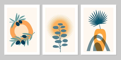 Obraz premium Hand drawn set abstract boho poster with tropical leaf, olive tree, color vase and shape isolated on beige background. Vector flat illustration. Design for pattern, logo, invitation, greeting card