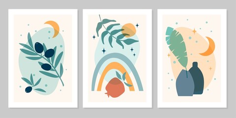 Hand drawn set abstract boho poster with rainbow, sun, moon, star, vase, plant, isolated on beige background. Vector flat illustration. Design for pattern, logo, posters, invitation, greeting card