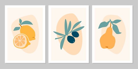 Hand drawn set abstract boho poster with tropical  fruit lemon, olive, pear isolated on beige background. Vector flat illustration. Design for pattern, logo, posters, invitation, greeting card